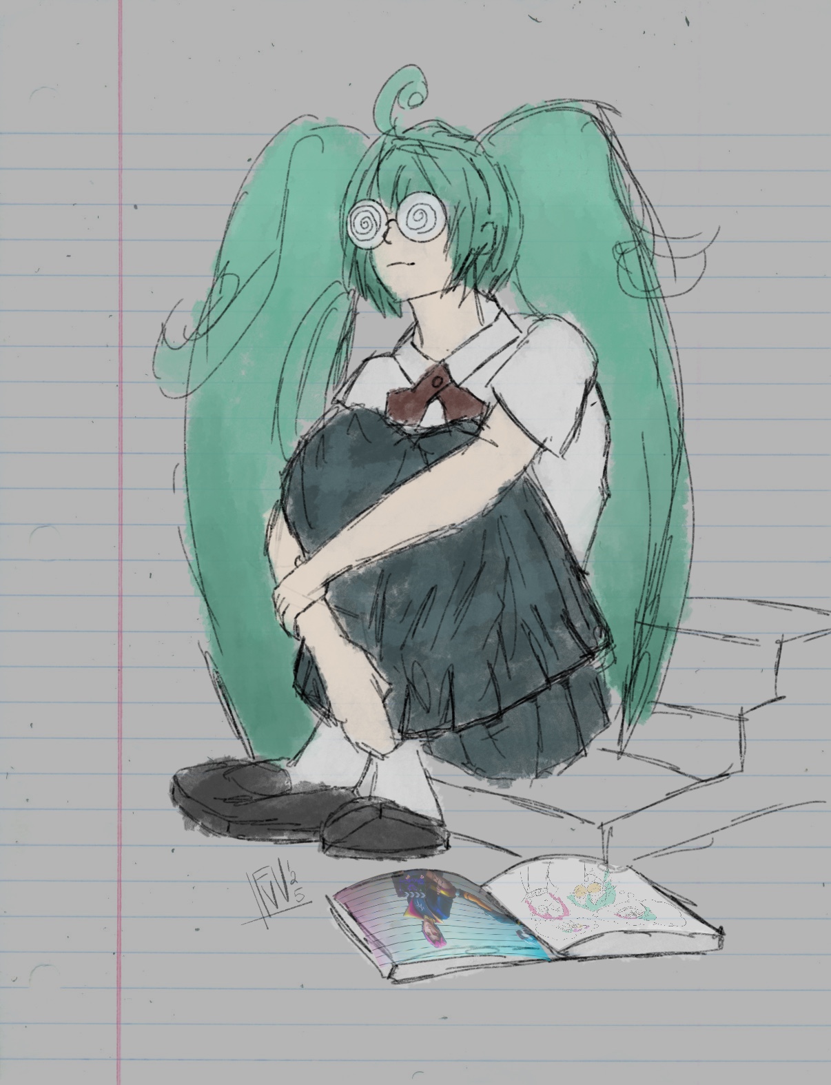 a digital painting of hatsune miku sitting cross legged on a small series of steps. she is styled like her apperance in the music video for Confessions of a Rotten Girl, with a white button up, a dark bluish plaid skirt, a red collar tie, large circle glasses with a spiral detail in each lens, white socks, and chunky black loafers. She is staring wistfully into the distance. A book is open near her feet, showing an image of Heartsteel Kayn, and a drawn meme of Ezreal and Kayn kissing, implied to be a BL manga. 